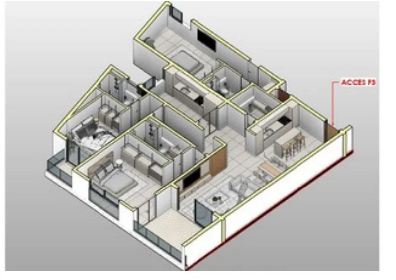 Vue axonométrique 1 de l'appartement F3-A
